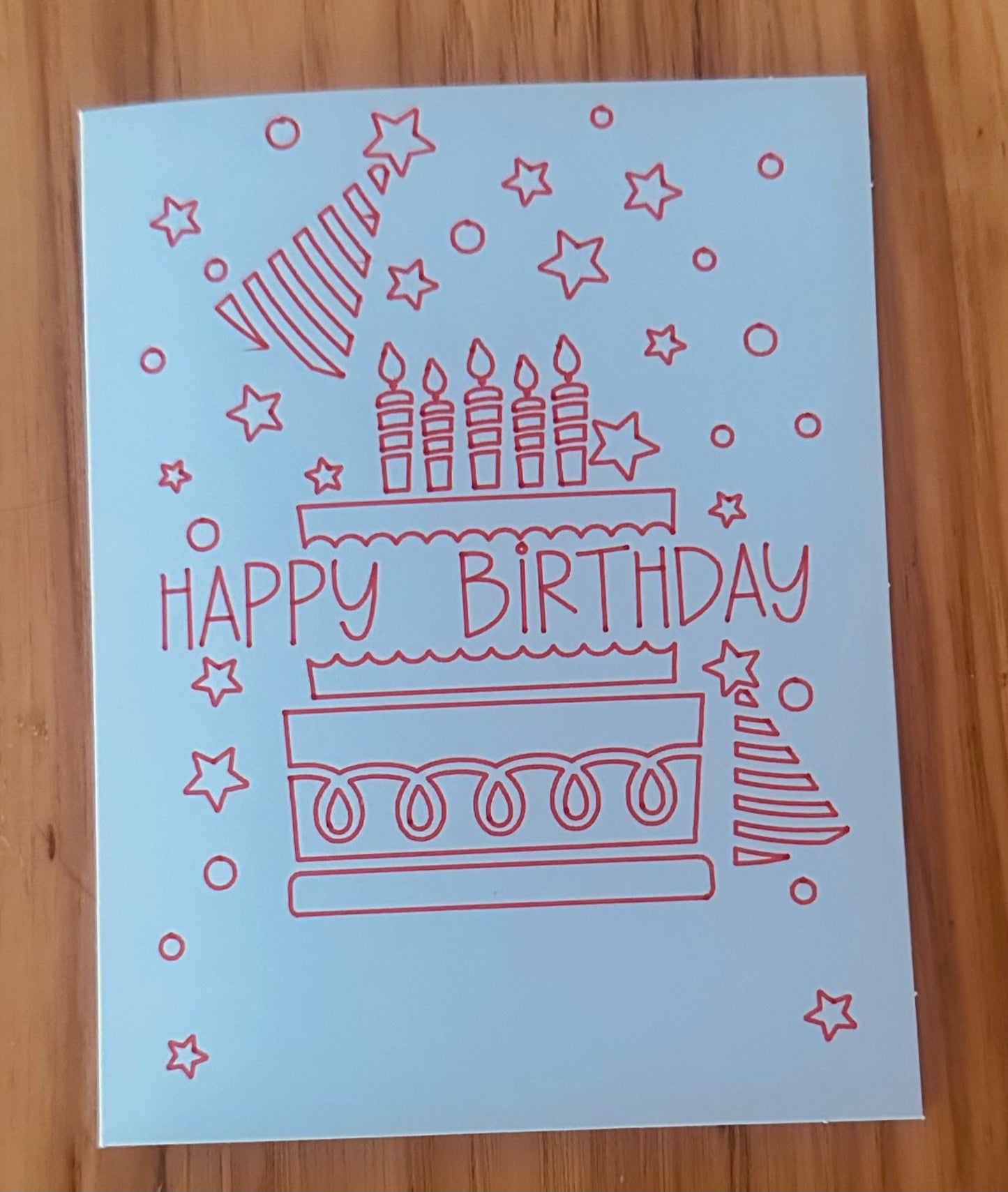 happy birthday birthday cake, birthday hat, stars handmade greeting card