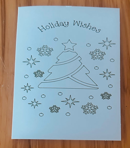 Send warm Holiday Wishes with this beautifully handmade greeting card!
Featuring a modern Christmas tree design surrounded by stars and snow